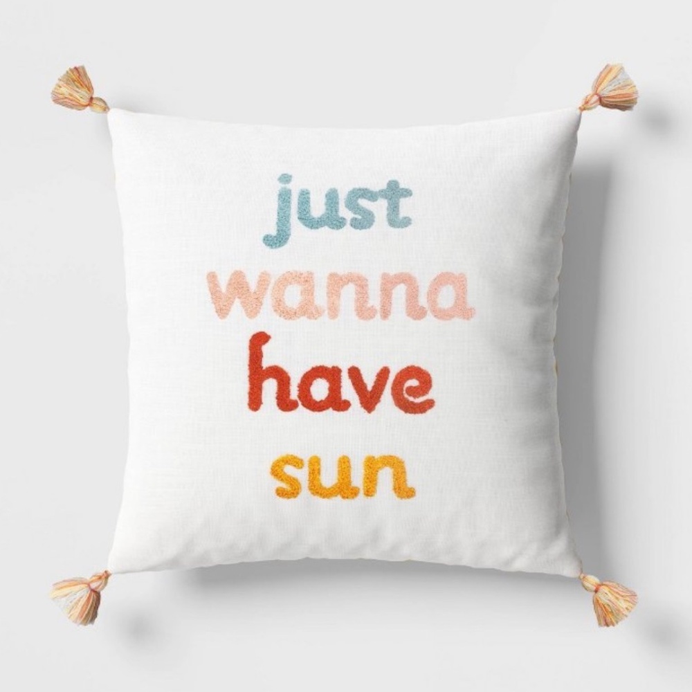 "Just Wanna Have Sun" Embroidered Throw Pillow with Tassels - Room Essentials